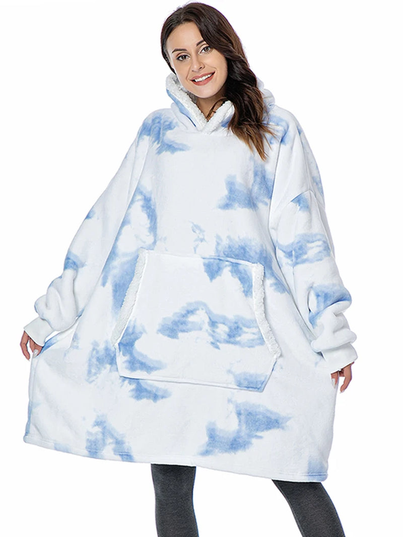 Oversized Winter Hoodie Blanket with Sleeves Fleece Sweatshirt Tie-Dye Women Hoody Plaid Pocket Hooded Sweat Wearable Blanket