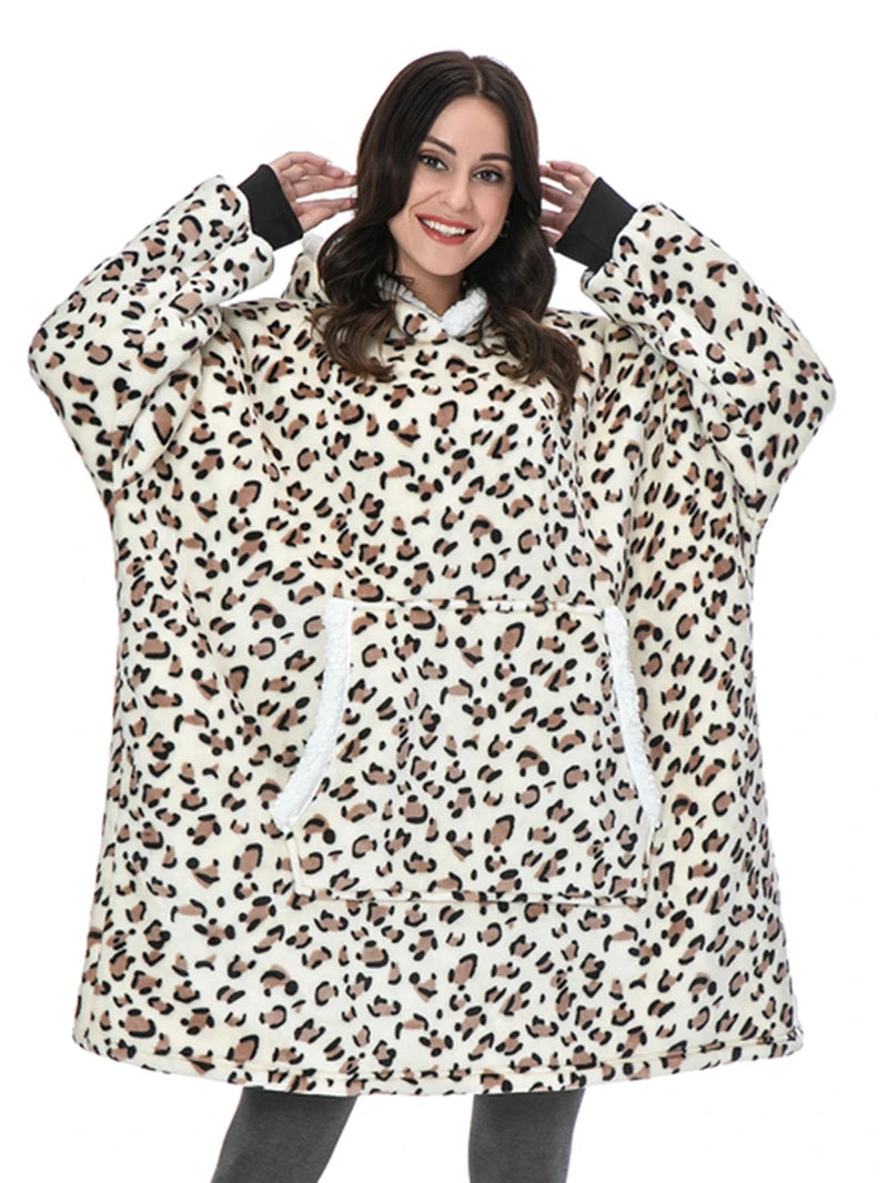 Oversized Winter Hoodie Blanket with Sleeves Fleece Sweatshirt Tie-Dye Women Hoody Plaid Pocket Hooded Sweat Wearable Blanket
