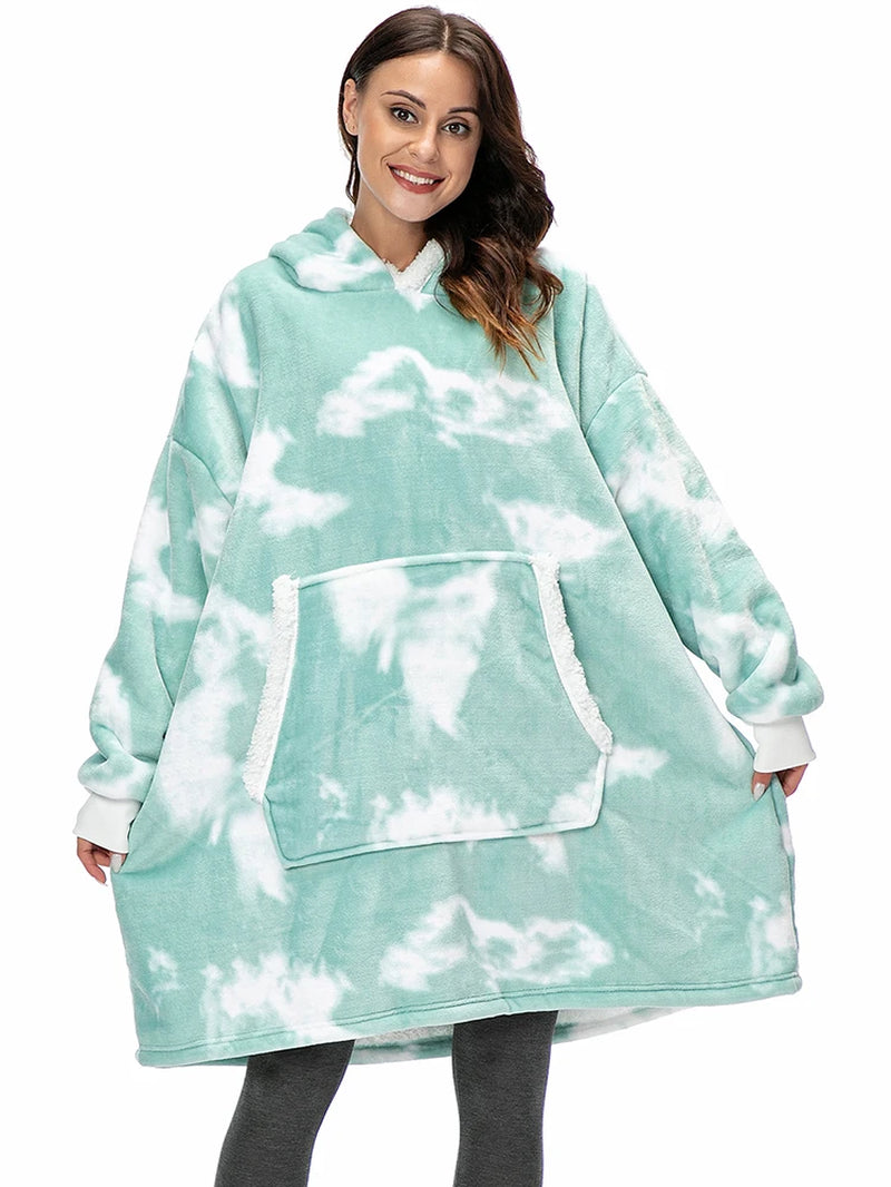 Oversized Winter Hoodie Blanket with Sleeves Fleece Sweatshirt Tie-Dye Women Hoody Plaid Pocket Hooded Sweat Wearable Blanket