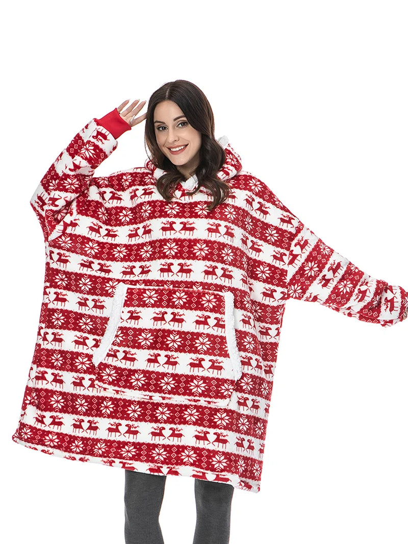 Oversized Winter Hoodie Blanket with Sleeves Fleece Sweatshirt Tie-Dye Women Hoody Plaid Pocket Hooded Sweat Wearable Blanket