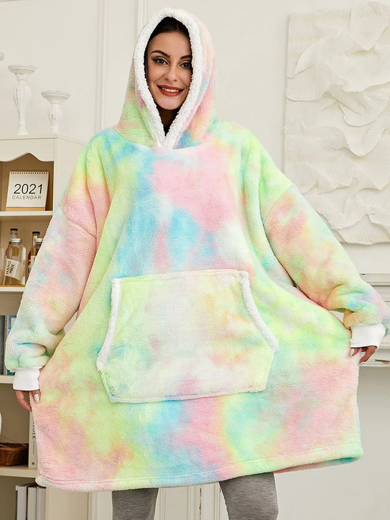 Oversized Winter Hoodie Blanket with Sleeves Fleece Sweatshirt Tie-Dye Women Hoody Plaid Pocket Hooded Sweat Wearable Blanket