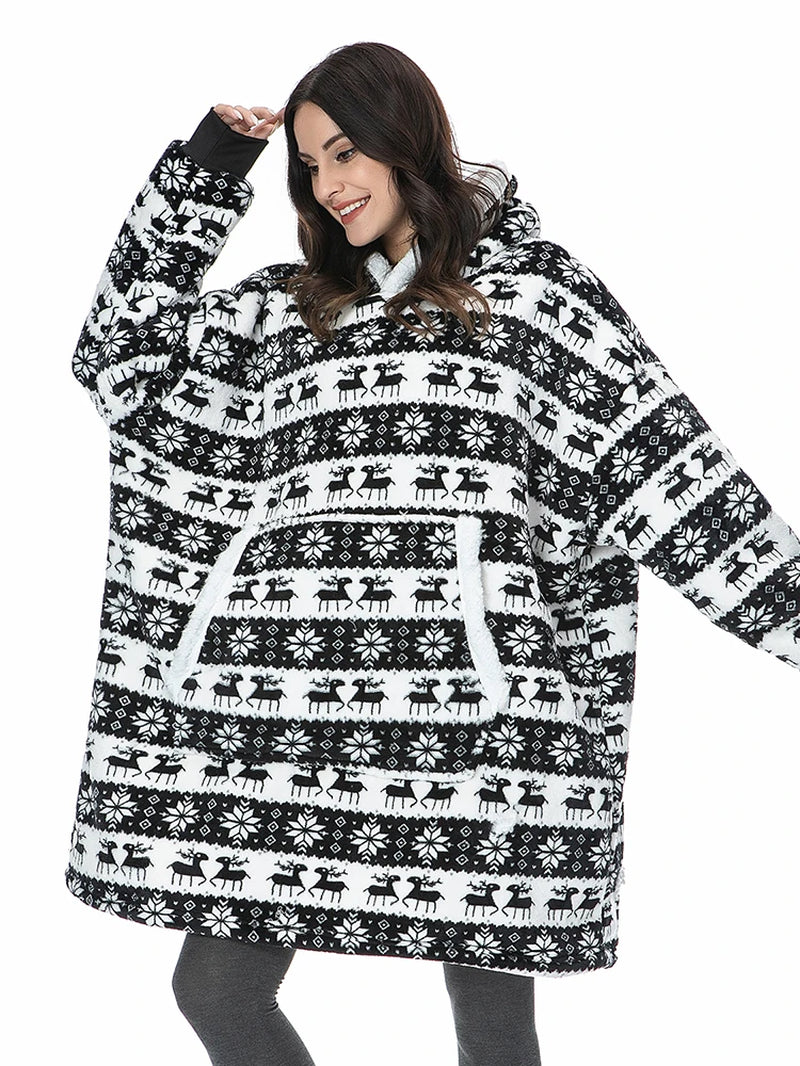 Oversized Winter Hoodie Blanket with Sleeves Fleece Sweatshirt Tie-Dye Women Hoody Plaid Pocket Hooded Sweat Wearable Blanket