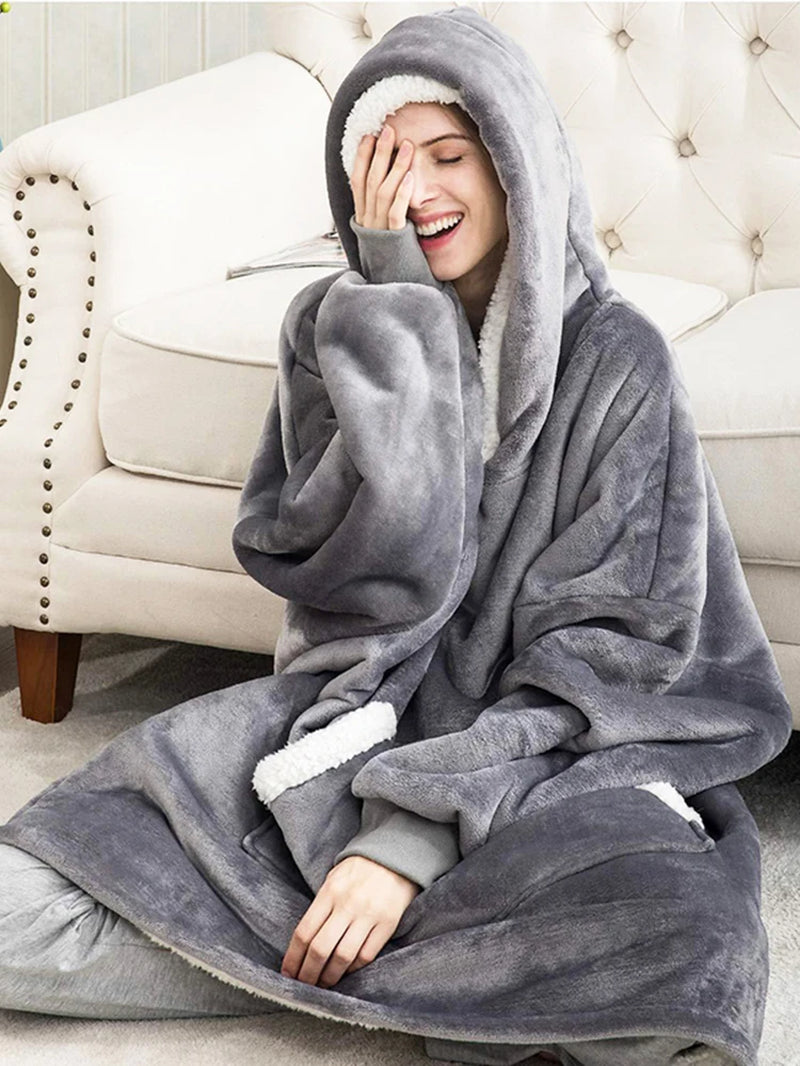 Oversized Winter Hoodie Blanket with Sleeves Fleece Sweatshirt Tie-Dye Women Hoody Plaid Pocket Hooded Sweat Wearable Blanket
