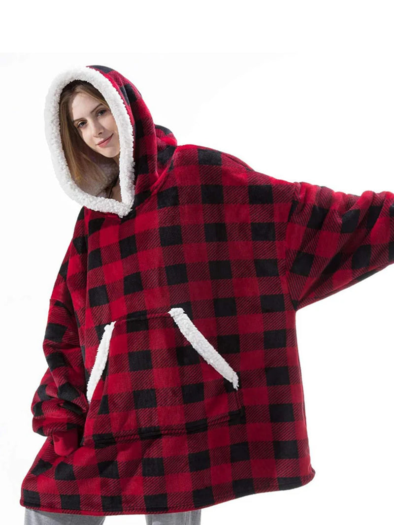 Oversized Winter Hoodie Blanket with Sleeves Fleece Sweatshirt Tie-Dye Women Hoody Plaid Pocket Hooded Sweat Wearable Blanket