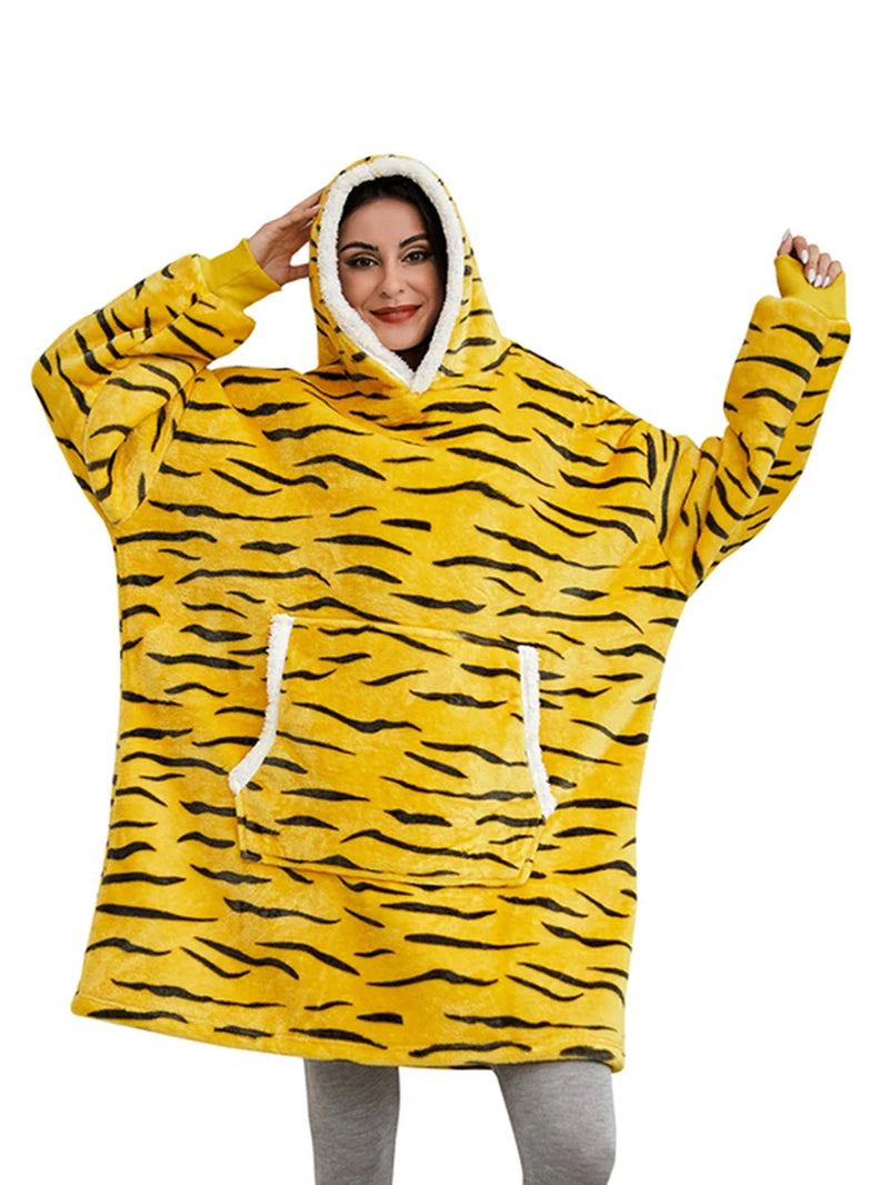 Oversized Winter Hoodie Blanket with Sleeves Fleece Sweatshirt Tie-Dye Women Hoody Plaid Pocket Hooded Sweat Wearable Blanket